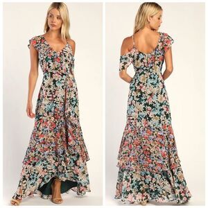 Lulus Radiant Hunter Green Floral Print Chiffon Maxi Dress Size Small NEW NWT